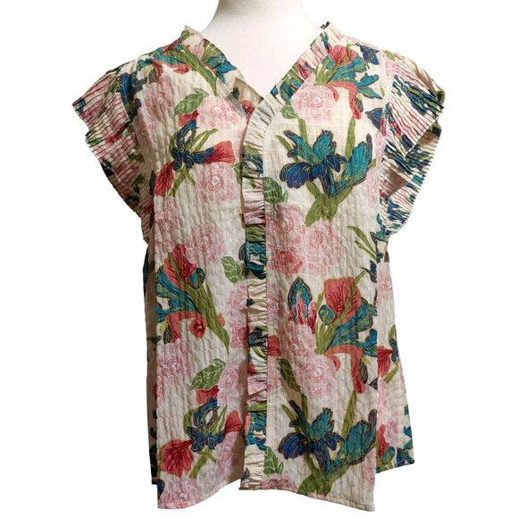 NWT Voy Floral Ruffle Sleeve Button-Front Blouse~Ruffle Front~Pleated Sleeve~SMA - Picture 1 of 8